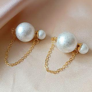 Faux Pearl Sterling Silver Ear Stud 1 Pair - Gold & White - One Size