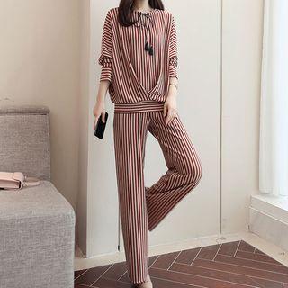 Set: Striped Long-sleeve Top + Striped Wide Leg Pants