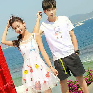 Couple Matching Printed Short-sleeve T-shirt / Sleeveless Mesh Dress