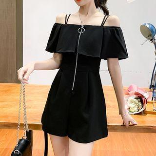 Cold-shoulder Short-sleeve Half-zip Mini A-line Dress