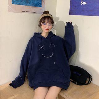 Smiley Face Embroidered Fleece-lined Hoodie