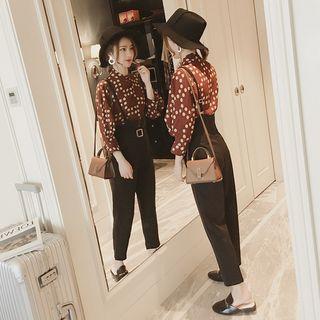 Set: Long-sleeve Dotted Blouse + Suspender Pants