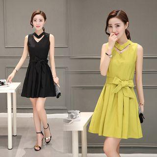 Sleeveless Tie-waist Cutout Beaded Dress