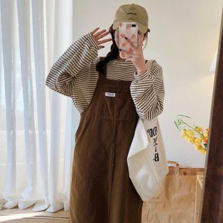 Long-sleeve Striped T-shirt / Corduroy Midi A-line Overall Dress