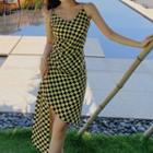 Spaghetti Strap Checker Print Asymmetrical A-line Dress