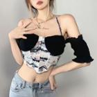 Short-sleeve Off-shoulder Halter Neck Tie-dyed Crop Top