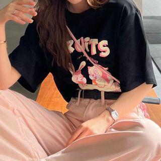 Short-sleeve Cartoon Print T-shirt Cartoon Print - Black - One Size