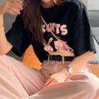 Short-sleeve Cartoon Print T-shirt Cartoon Print - Black - One Size