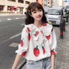 Strawberry Printed Peter Pan Collar Elbow-sleeve Blouse As Shown In Figure - One Size