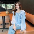Long-sleeve Square-neck Ruffle Top Light Blue - One Size
