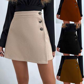 Button-up High-waist Plain A-line Mini Skirt