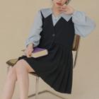 Pleated A-line Overall Dress / Long-sleeve Wide-collar Blouse
