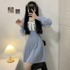 Long-sleeve Bow Accent Knit Mini A-line Dress Blue - One Size
