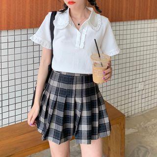 Short-sleeve Ruffle Trim Polo Shirt White - One Size