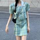 Puff-sleeve Plaid Top / High-waist Plaid A-line Skirt