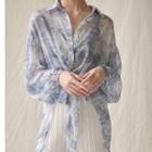 Printed Tie-hem Long-sleeve Chiffon Blouse Ice Blue - One Size