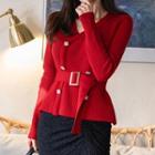Long-sleeve V-neck Belted Knit Top Red - One Size