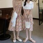 Spaghetti Strap Floral Midi Dress / Floral Midi Skirt / Plain Short-sleeve Blouse