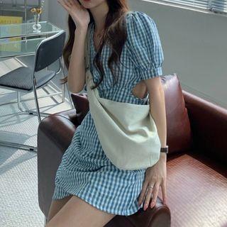 Balloon-sleeve Gingham Cutout A-line Dress As Shown In Figure - One Size