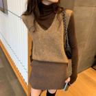 Set: Long Sleeve Turtleneck Top + V-neck Vest + A-line Skirt