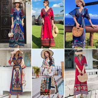 Patterned V-neck Bell-sleeve Midi A-line Dress