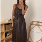 Long-sleeve Mock-neck T-shirt / Faux Leather Midi Overall Dress
