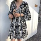 3/4-sleeve Floral Print Open-back Smock Dress