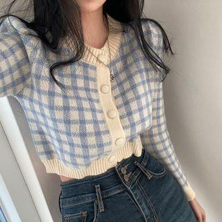 Long-sleeve Check Cropped Knit Top