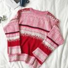 Color-block Crewneck Long-sleeve Sweater Pink - One Size