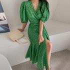Puff-sleeve Floral Long Wrap Dress Green - One Size