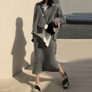 Set: Hooded Cardigan + Knit Midi Pencil Skirt Cardigan - Gray - One Size / Skirt - Gray - One Size