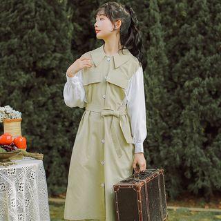 Two-tone Long-sleeve Tie-waist Dress