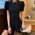 Drawstring Short-sleeve Mini Sheath Dress Black - One Size