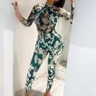 Long-sleeve Print Mesh Fitted Jumpsuit