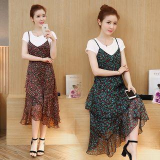 Set: Short-sleeve T-shirt + Sleeveless Floral Chiffon Dress