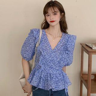 Puff-sleeve Ruffle Trim Floral Tie-waist Blouse