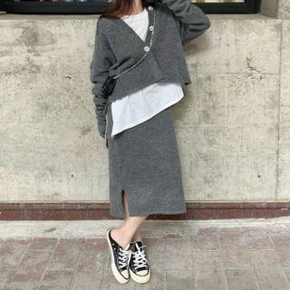 Hooded Cardigan / Midi A-line Skirt / Long-sleeve T-shirt / Set