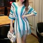 3/4-sleeve V-neck Patterned Fringe Knit Dress