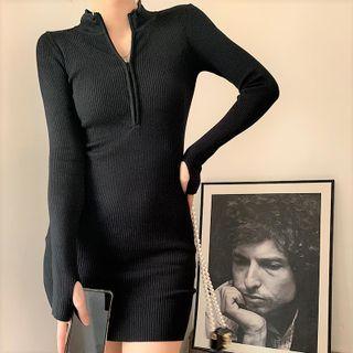Zip Placket Mini Ribbed Knit Dress