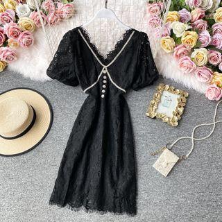 Rhinestone-detail V-neck Lace Dress