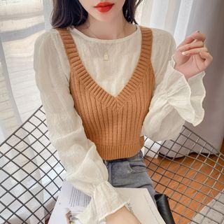 Set: Flared-cuff Blouse + Knit Camisole Top