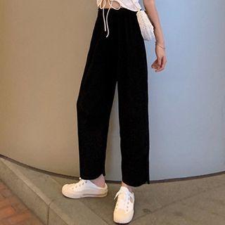 Short-sleeve Drawstring Blouse / Ribbed Wide Leg Pants