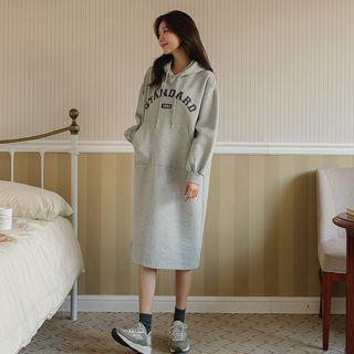 Letter Kangaroo-pocket Midi Hoodie Dress