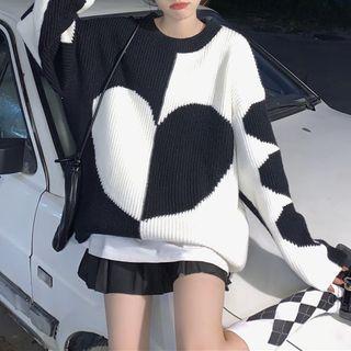 Round-neck Color Block Long-sleeve Sweater Black & White - One Size
