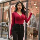 Wrap-front Slim-fit Ribbed Top