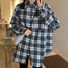 Long-sleeve Plaid Shirt Plaid - Gray & Whtie - One Size