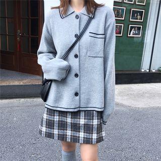 Collared Cardigan / Plaid Mini A-line Skirt / Plaid Midi A-line Skirt