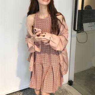 Halter-neck Patterned A-line Dress / Ruffled Cardigan