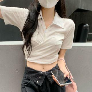 Short-sleeve Plain Polo Top White - One Size