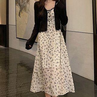 Flower Print Short-sleeve Blouse / Spaghetti Strap Midi A-line Dress / Pinafore Dress / Plain Cardigan